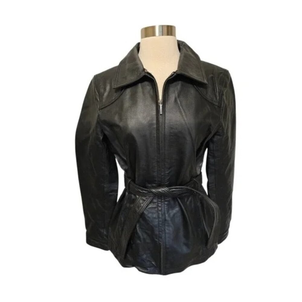 Womens East 5th Vintage Black Leather Jacket Size Large Zip up Belt Tie Waist